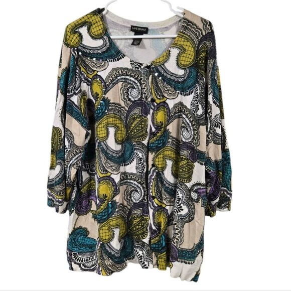 Lane Bryant 22/24 Women Plus Teal Sequin Paisley Print Cardigan Sweater Knit - Picture 10 of 10